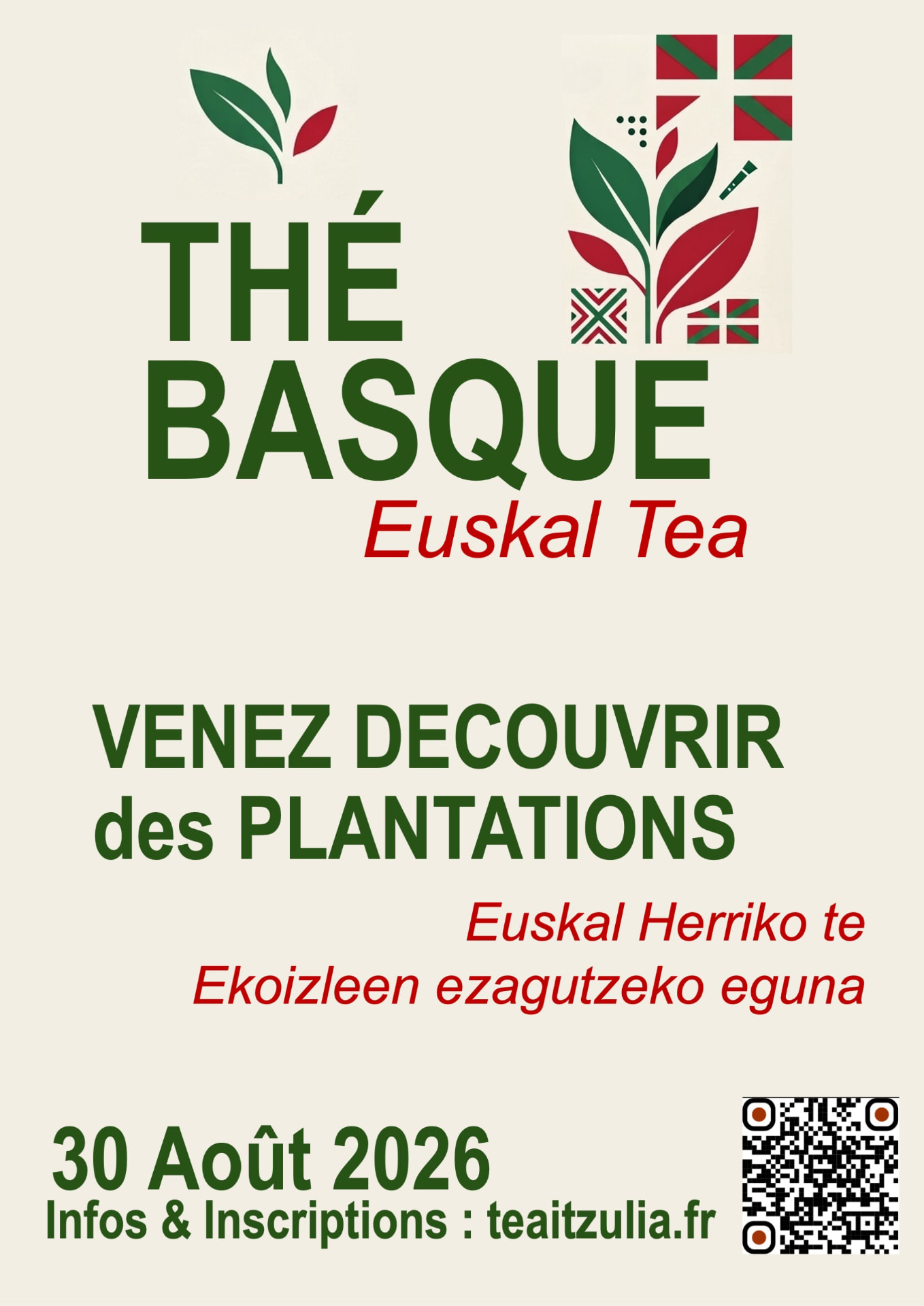 Affiche Tea Itzulia — Journée découverte des producteurs de thé basque, 30 août 2026